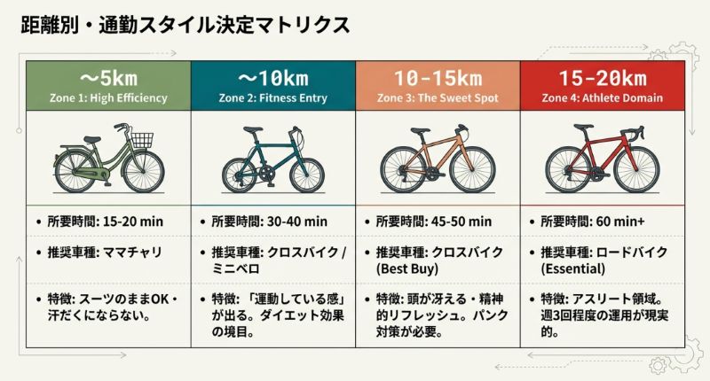 5km、10km、15km、20kmの4つのゾーンごとに、所要時間、推奨車種（ママチャリ、ミニベロ、クロスバイク、ロードバイク）、それぞれの特徴をまとめた比較表。