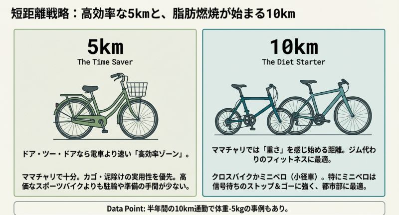5km圏内はママチャリで十分な「タイムセーバー」、10kmはクロスバイクやミニベロが適した「ダイエットスターター」であることを解説するスライド。半年で5kg減量のデータポイントも記載。