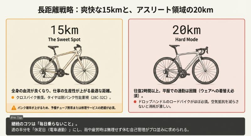 仕事の生産性が上がる15kmの「スイートスポット」と、ロードバイクが必須となる20kmの「ハードモード」を比較したスライド。継続のコツとして「毎日乗らないこと」を推奨。
