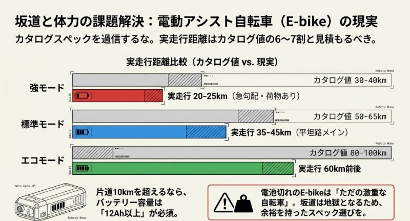 カタログ値と実際の走行距離の差を「強・標準・エコ」のモード別に比較したグラフ。10km超なら12Ah以上のバッテリーが必須であることを強調。