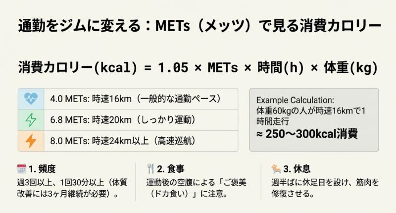 時速に応じたMETs値と消費カロリーの計算式、および体質改善のために「週3回以上、3ヶ月継続」を推奨するアドバイスが書かれたスライド。