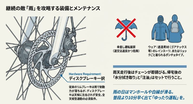レインウェアの選び方、全天候型に必須なディスクブレーキの解説、走行後の注油メンテナンス、滑りやすい路面への注意喚起をまとめたスライド。