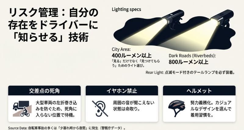市街地400ルーメン以上、暗い道800ルーメン以上というライトのスペック基準、ヘルメット着用、左折巻き込み防止の立ち位置などを解説した安全ガイド。