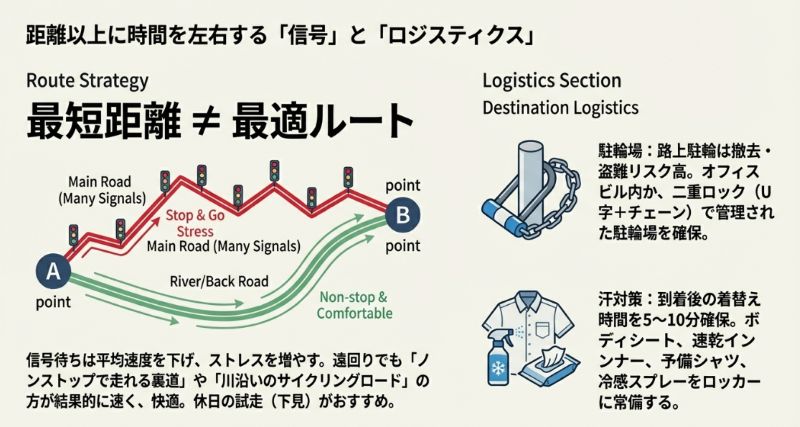 信号の多い幹線道路（ストレス）と、信号の少ない裏道・川沿い（快適）のルート比較図。および、駐輪場管理や汗対策グッズの常備についての解説。