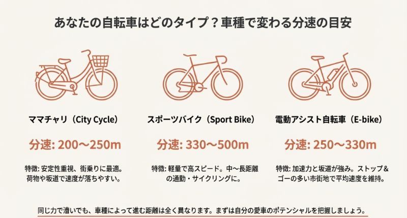 ママチャリ(200-250m)、スポーツバイク(330-500m)、電動アシスト自転車(250-330m)の3種類の自転車イラストと、それぞれの分速の目安・特徴をまとめた図解。