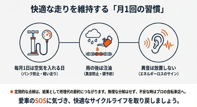 空気入れ（毎月1日）、注油（雨の後）、異音のチェックの3つのポイントをアイコンで示し、定期的な点検が修理代の節約につながることを伝えるまとめのスライド 。