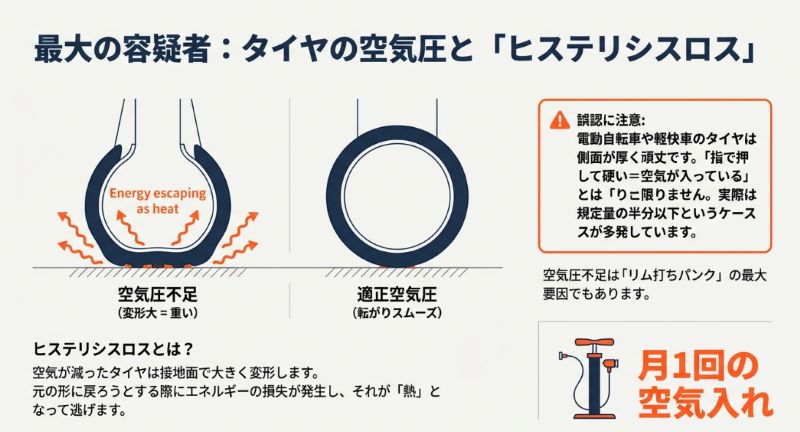 空気が減ったタイヤが地面との接地面で大きく変形し、元に戻ろうとする際にエネルギーが「熱」となって逃げる（ヒステリシスロス）仕組みを示すイラスト 。