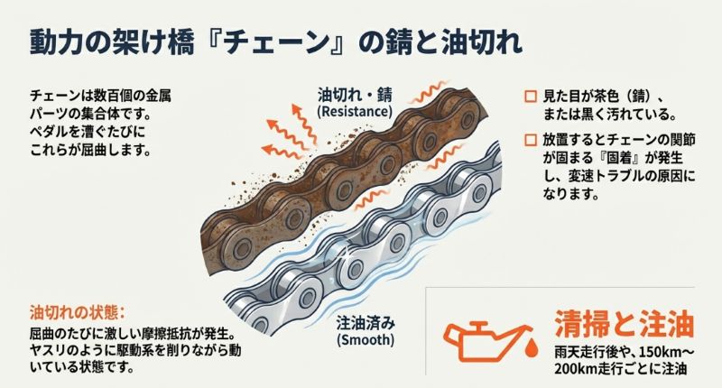 茶色く錆びて摩擦抵抗が発生しているチェーンと、洗浄・注油されてスムーズに動くチェーンを上下に並べて比較したイラスト 。