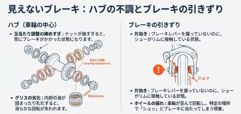 車輪の中心部にあるハブベアリングの分解図と、ブレーキシューがリムに接触（片効き）してしまっている状態を示す図解 。