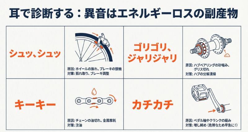 「シュッシュッ」「ゴリゴリ」「キーキー」「カチカチ」という4種類の異音ごとに、考えられる原因（ホイールの振れ、ベアリングの砂噛み、油切れ、クランクの緩みなど）と対策をまとめた一覧表 。