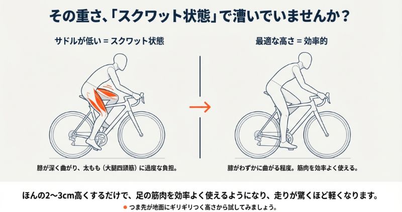 サドルが低すぎて膝が深く曲がった姿勢と、適切な高さで筋肉を効率よく使える姿勢を比較した図。ほんの2-3cm高くするだけで走りが軽くなることが示されています 。