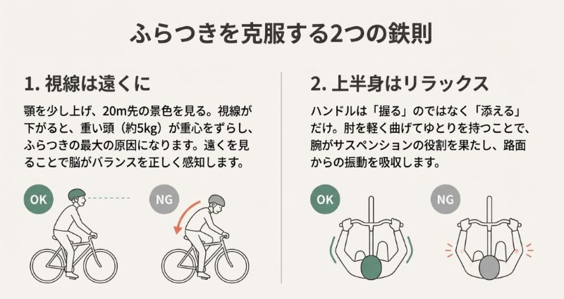 20m先を見る正しい視線と、ハンドルを握らず肘にゆとりを持たせるリラックスした姿勢のOK例とNG例を比較した図解。