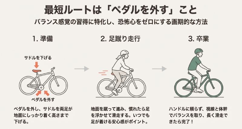 サドルを下げ、ペダルを外して足蹴り走行をすることでバランス感覚を習得する手順を説明した図解。