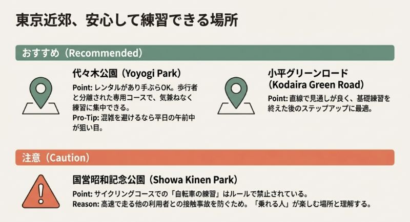 レンタルがあり専用コースで練習できる代々木公園と、ステップアップに適した小平グリーンロードを紹介するスライド。