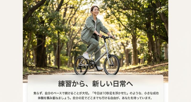 焦らず自分のペースで練習を続け、自由なサイクリングを楽しむ女性のイメージと、継続の重要性を伝えるメッセージ。