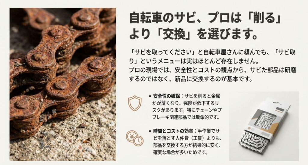 プロがサビを削らず交換を選ぶ2つの理由（安全性の確保：強度の低下を防ぐ、時間とコストの効率：工賃より部品交換の方が安い）を説明するスライド。