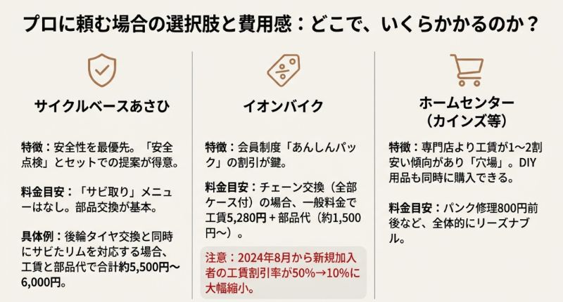 サイクルベースあさひ、イオンバイク、ホームセンター（カインズ等）のそれぞれの特徴と料金目安をまとめた比較表スライド。