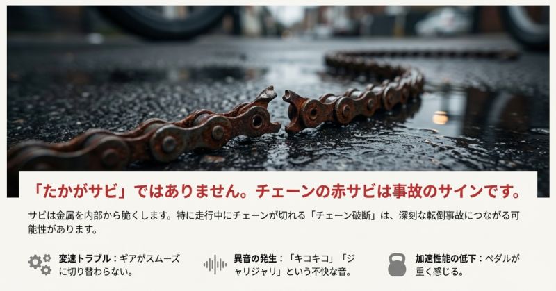 切れたチェーンの写真とともに、サビが招く「チェーン破断」の危険性と、変速トラブル・異音・加速低下の症状を解説するスライド。