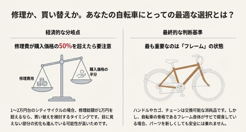 修理費用が購入価格の50%を超えたら買い替え時であること、また、交換できない「フレーム」のサビが最終的な判断基準であることを示す天秤の図解スライド。