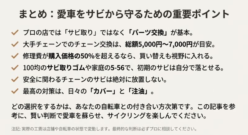 プロの対応（交換基本）、費用目安、DIYの可否、安全リスク、予防習慣など、記事の主要な結論を5つのポイントで振り返るスライド。
